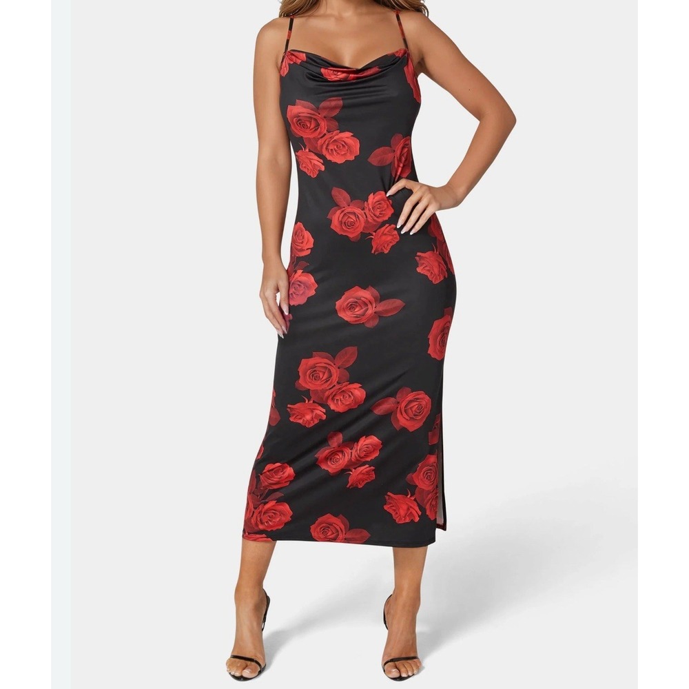 Bebe Women's Floral Maxi Slip Dress Black Red Rose Whimsigoth Vamp Sexy Size S